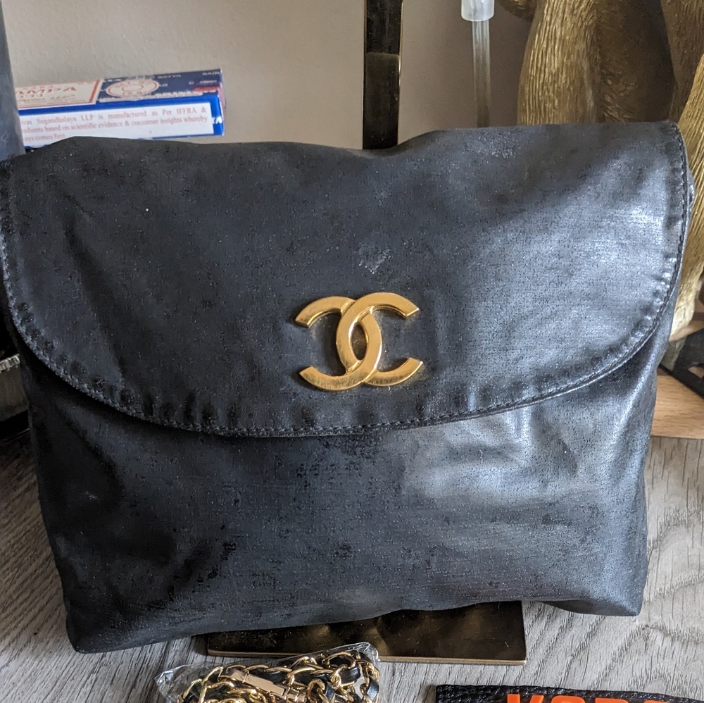 CHANEL Black Shoulder Bag with Gold CC Logo